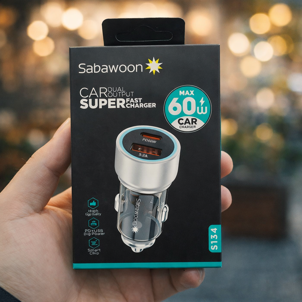 Sabawoon S134 60W Car Charger – PD + USB Fast Charging