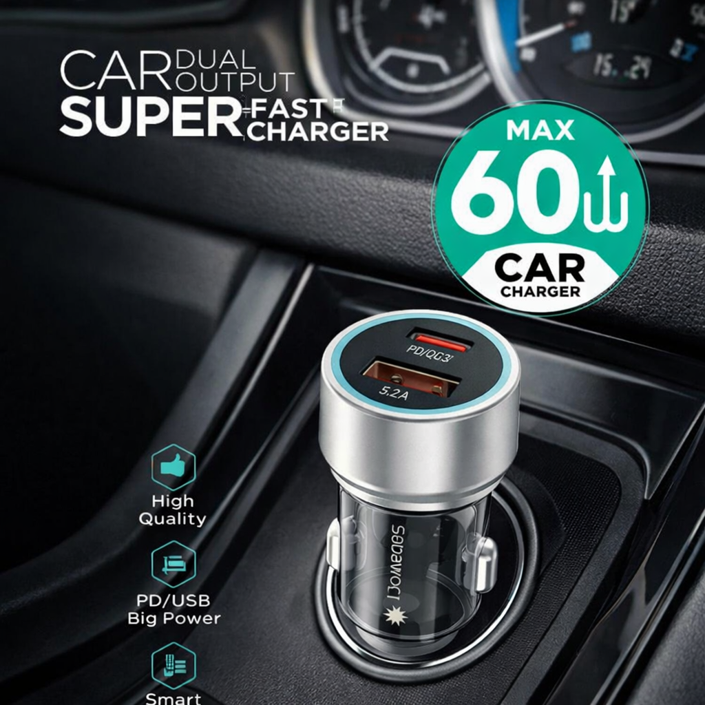 Sabawoon S134 60W Car Charger – PD + USB Fast Charging